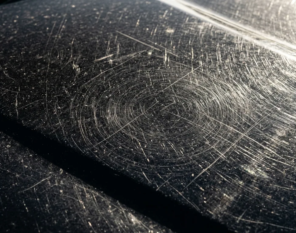 A black bonnet under the lamp, covered in wash swirls and scratches