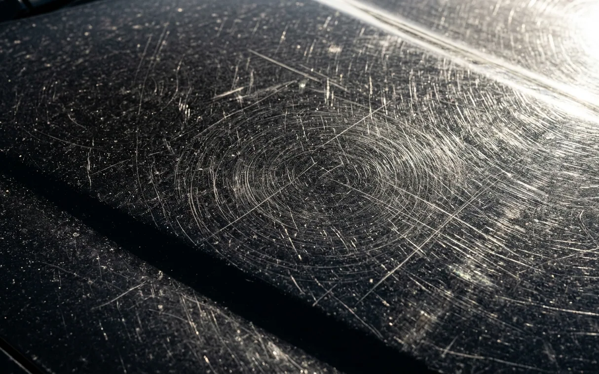 A black bonnet under the lamp, covered in wash swirls and scratches